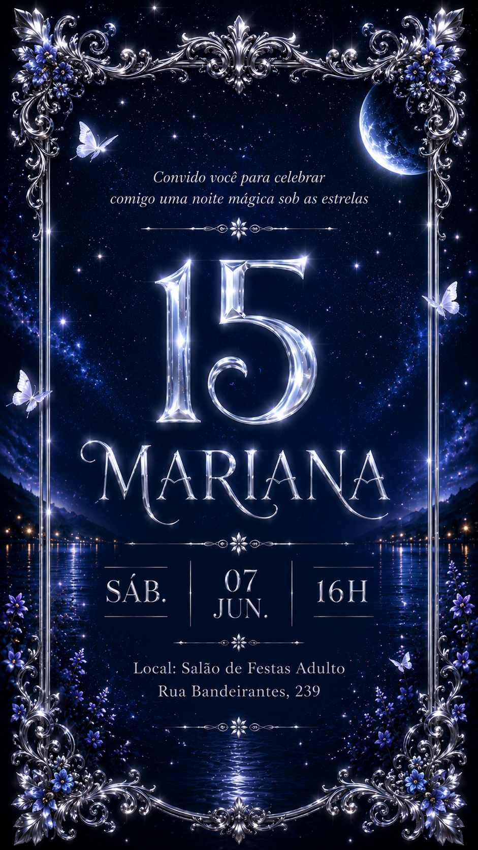 Convite — Mariana · 15 anos · 07 de junho de 2026, 16h, Salão de Festas Adulto, Rua Bandeirantes 239